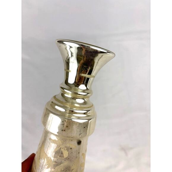 Antique Victorian Silver Hand Blown Mercury Glass Vase Floral Design 9" Tall - Picture 15 of 16